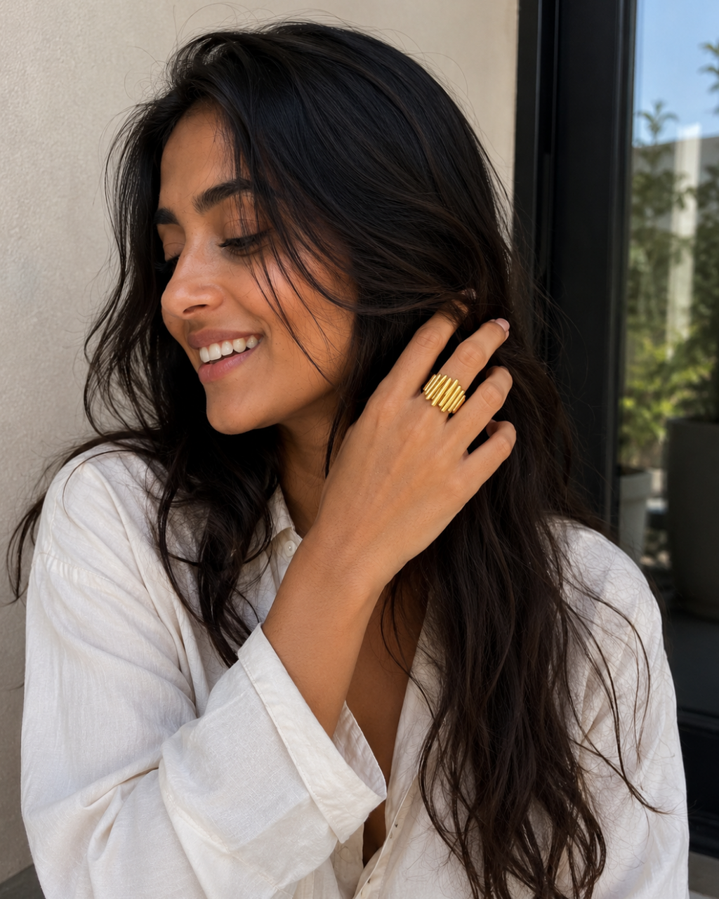 Gold Steel 18K Plated Geometric Open Ring For Women