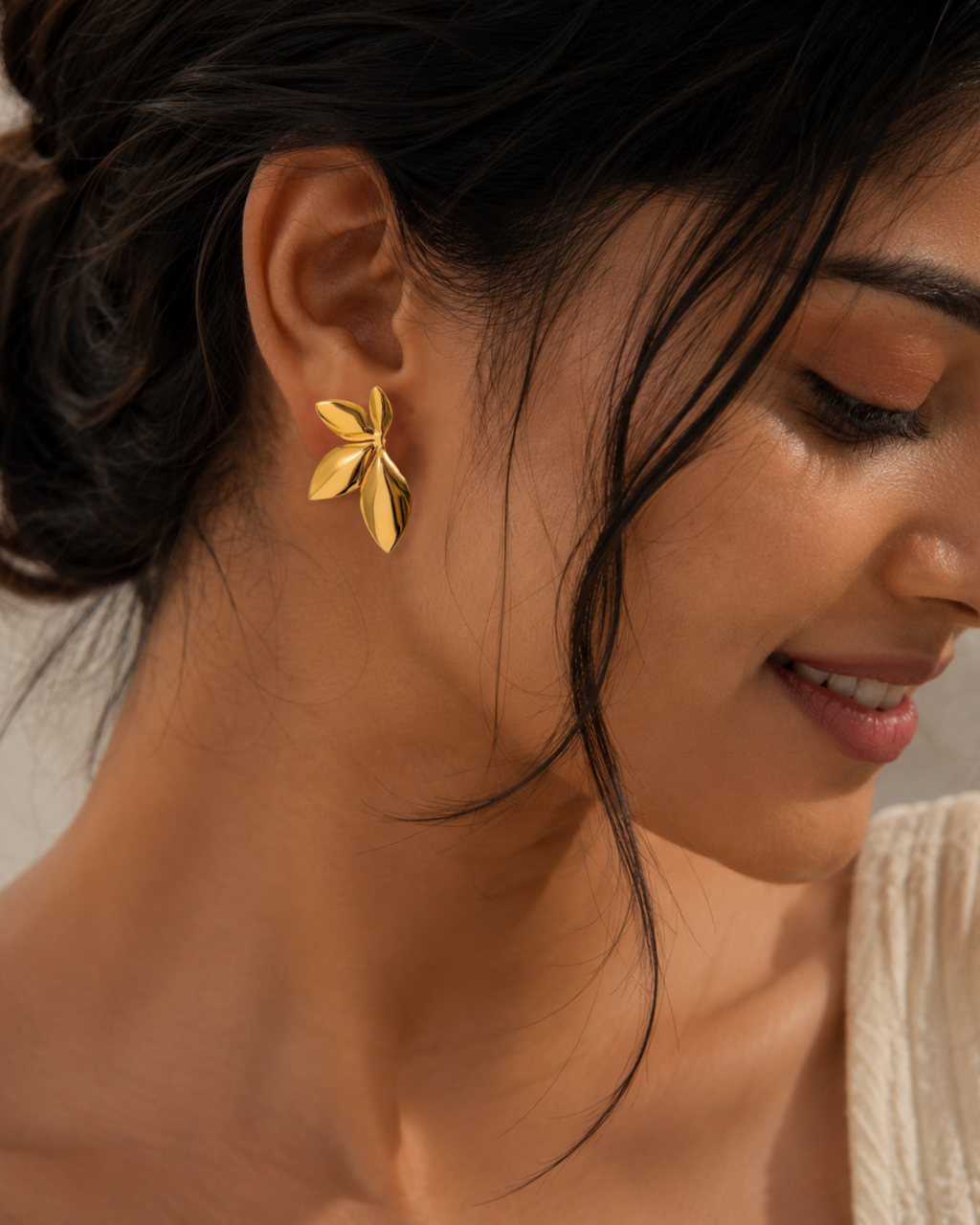 Gold Stainless Steel Leaf Motif Drop Earrings For Women