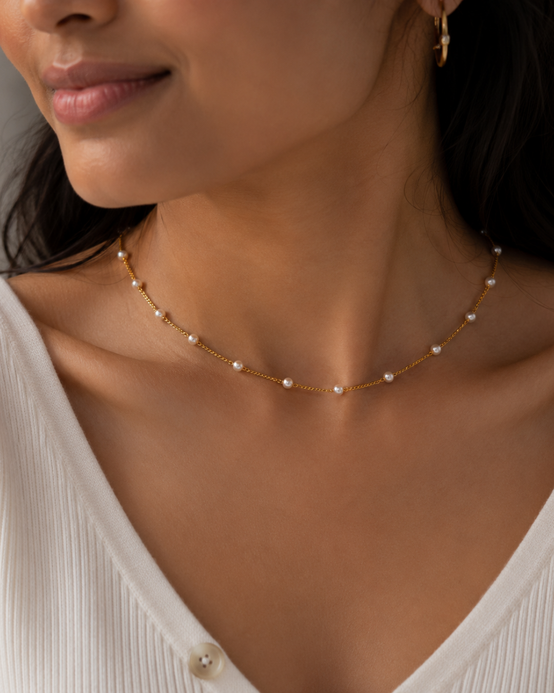 Gold 18K Plated Steel Pearl Strand Necklace For Women