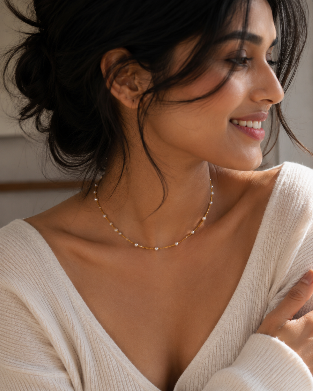 Gold 18K Plated Steel Pearl Strand Necklace For Women