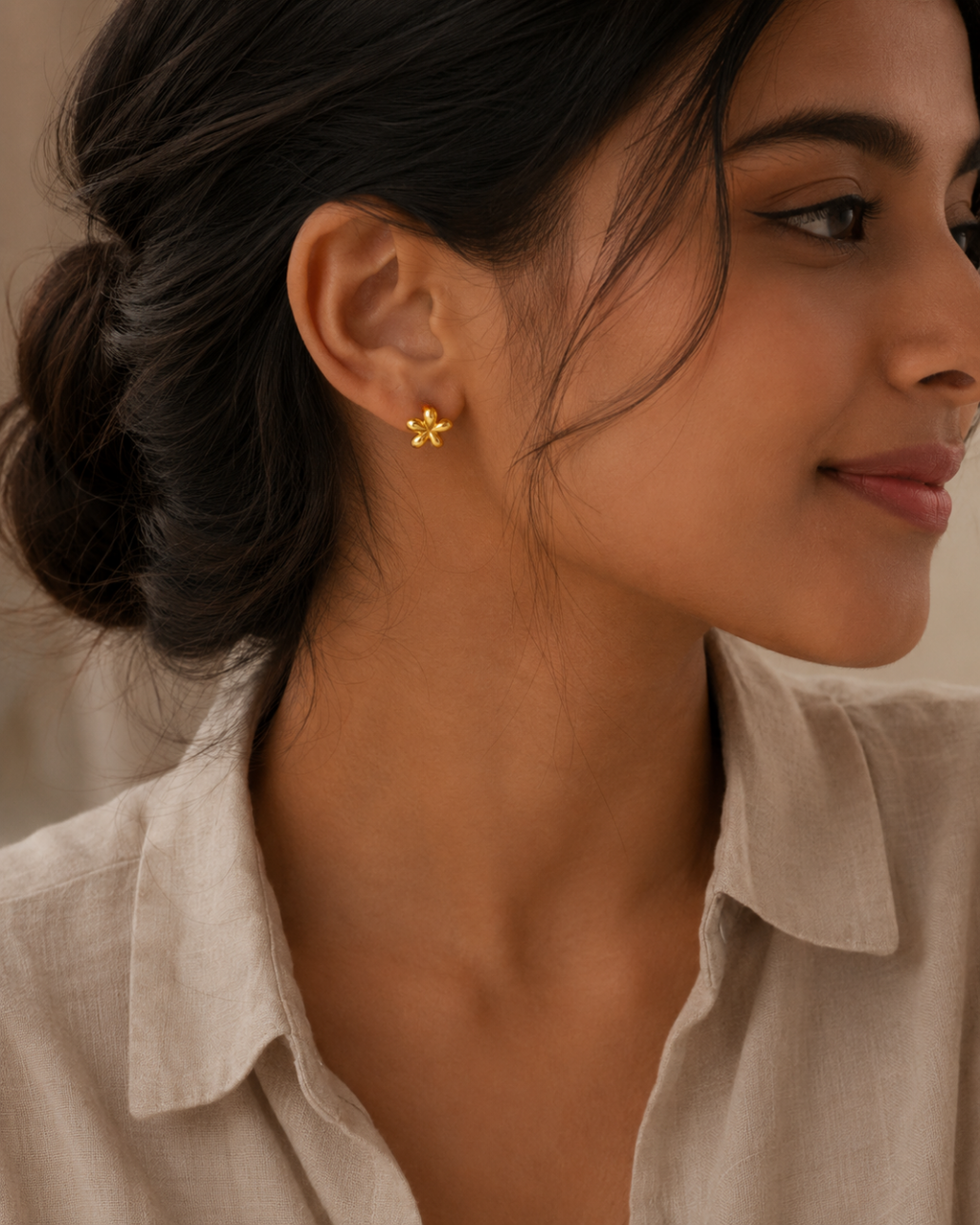 Gold Steel 18K Plated Petal Bloom Stud Earrings For Women
