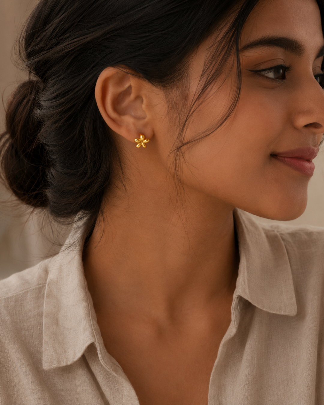 Gold Steel 18K Plated Petal Bloom Stud Earrings For Women
