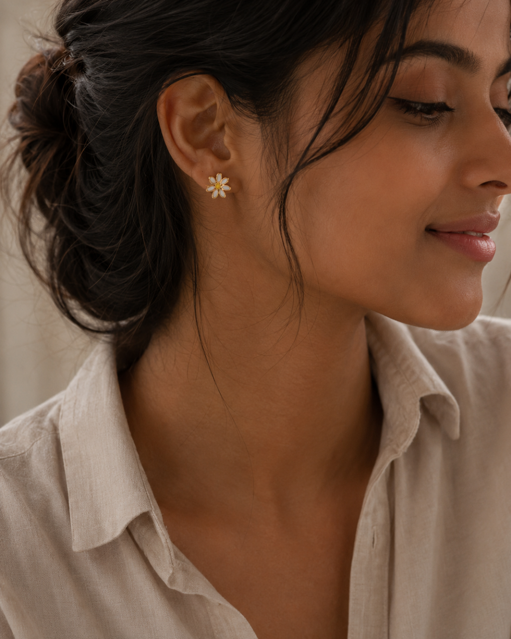 Gold 18K Plated Steel Floral Stud Earrings For Women