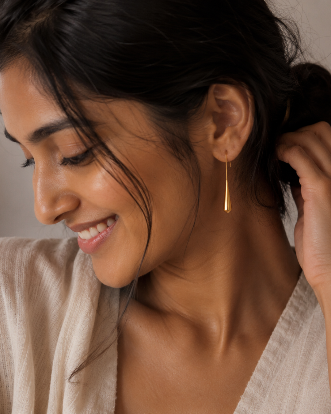 Gold Stainless Steel Tapered Ripple Drop Earrings For Women