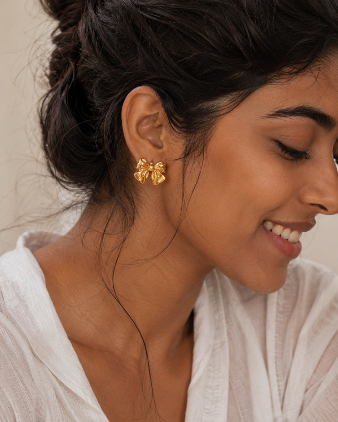 Gold Steel 18K Plated Serene Bow Earrings For Women