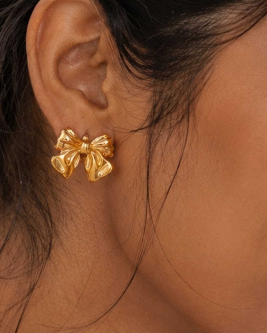 Gold Steel 18K Plated Serene Bow Earrings For Women