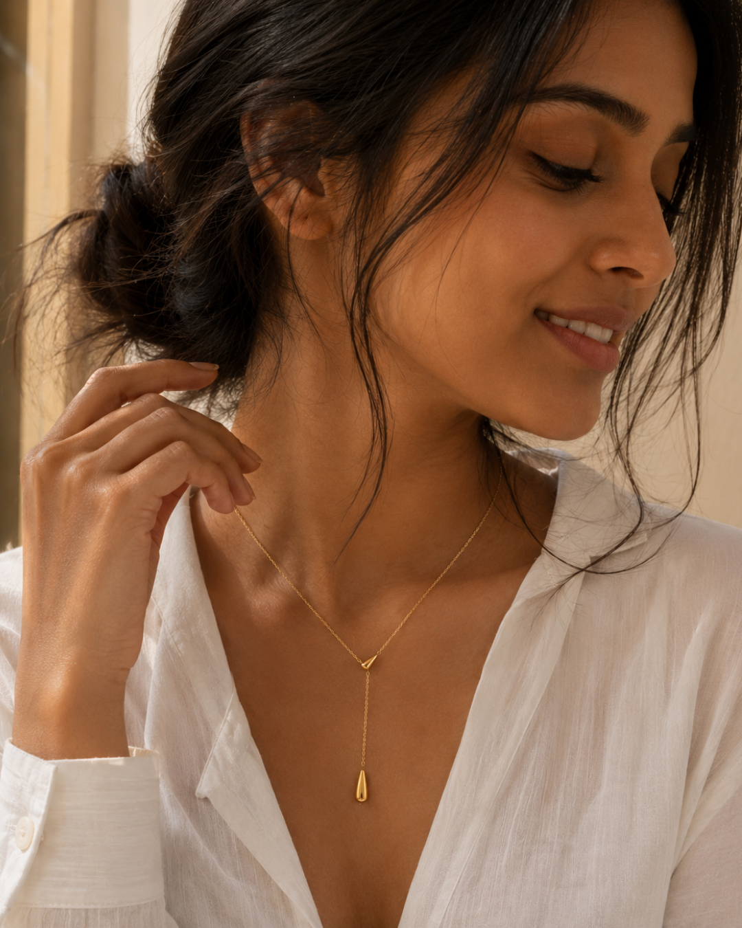 Gold 18K Plated Steel Solitaire Drop Necklace For Women