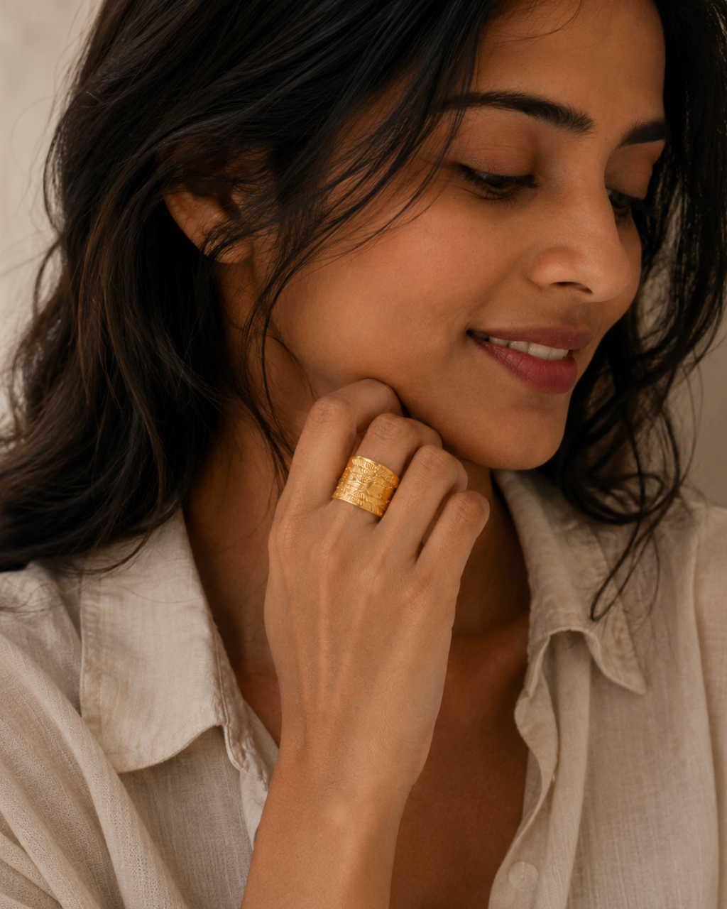 Gold Stainless Steel Engraved Wide Ring For Women