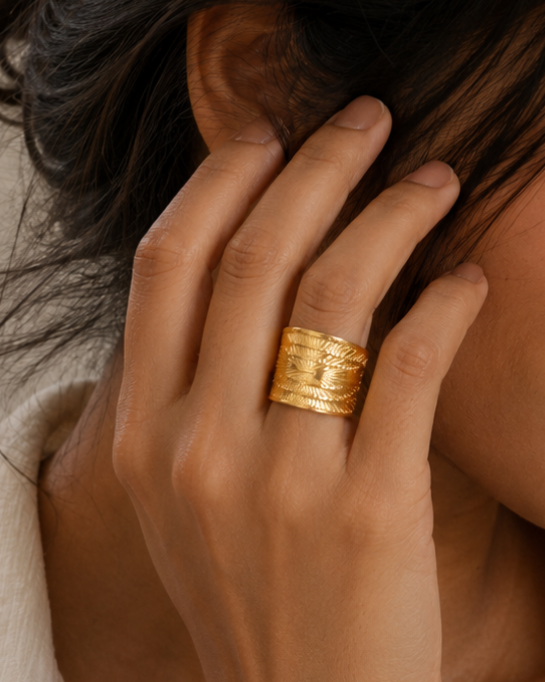 Gold Stainless Steel Engraved Wide Ring For Women