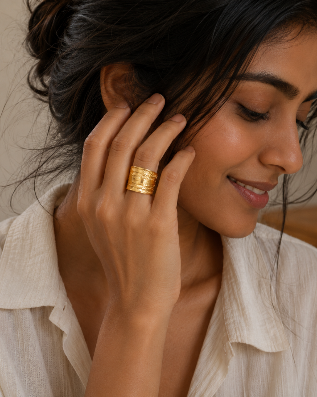Gold Stainless Steel Engraved Wide Ring For Women