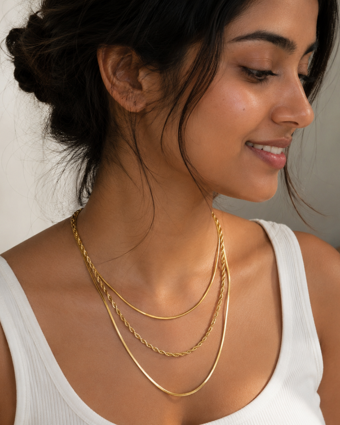Gold 18K Plated Steel Triple Layer Chain Necklace For Women