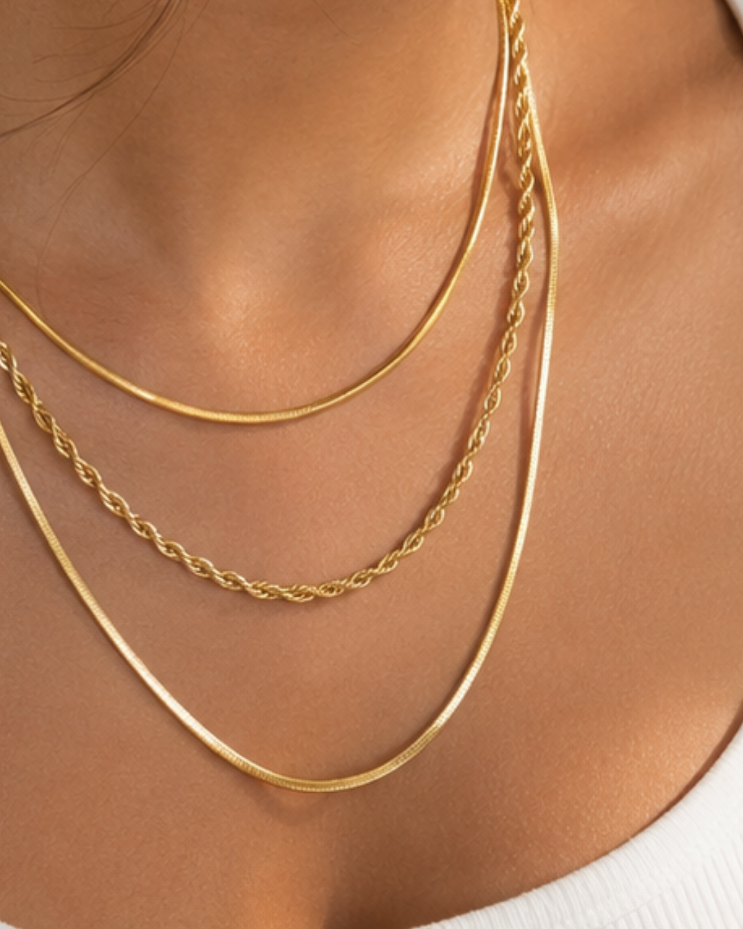 Gold 18K Plated Steel Triple Layer Chain Necklace For Women