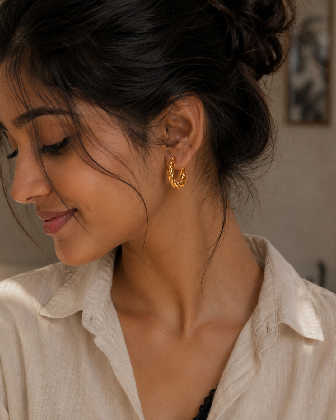 Gold Stainless Steel Twisted Zircon Inlay Stud Earrings For Women