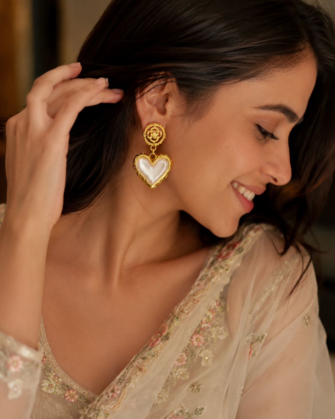 Gold Stainless Steel Vintage Heart Pearl Drop Earrings For Women