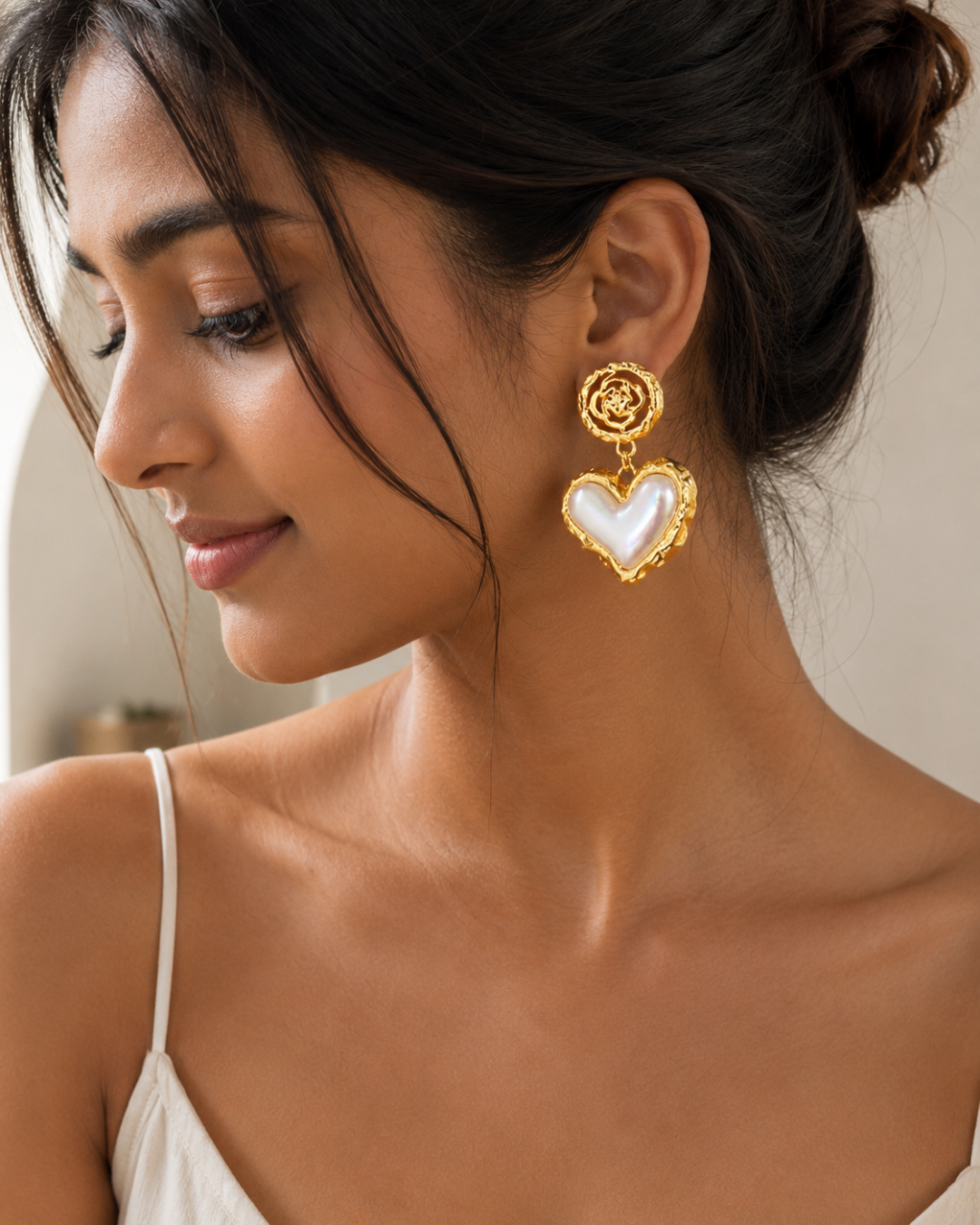 Gold Stainless Steel Vintage Heart Pearl Drop Earrings For Women