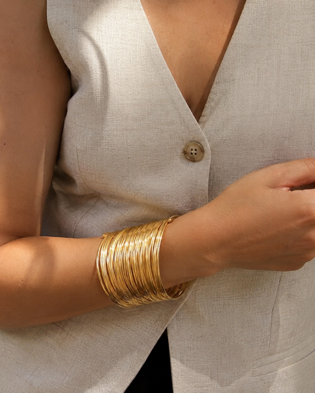 Gold Stainless Steel Coil Strand Open Cuff For Women