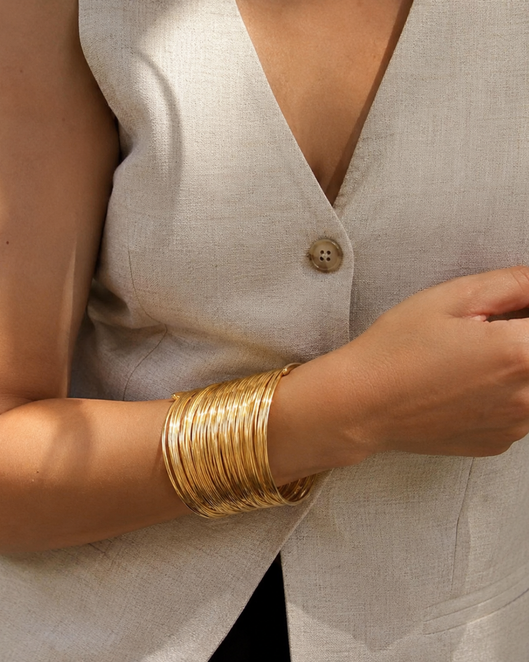 Gold Stainless Steel Coil Strand Open Cuff For Women
