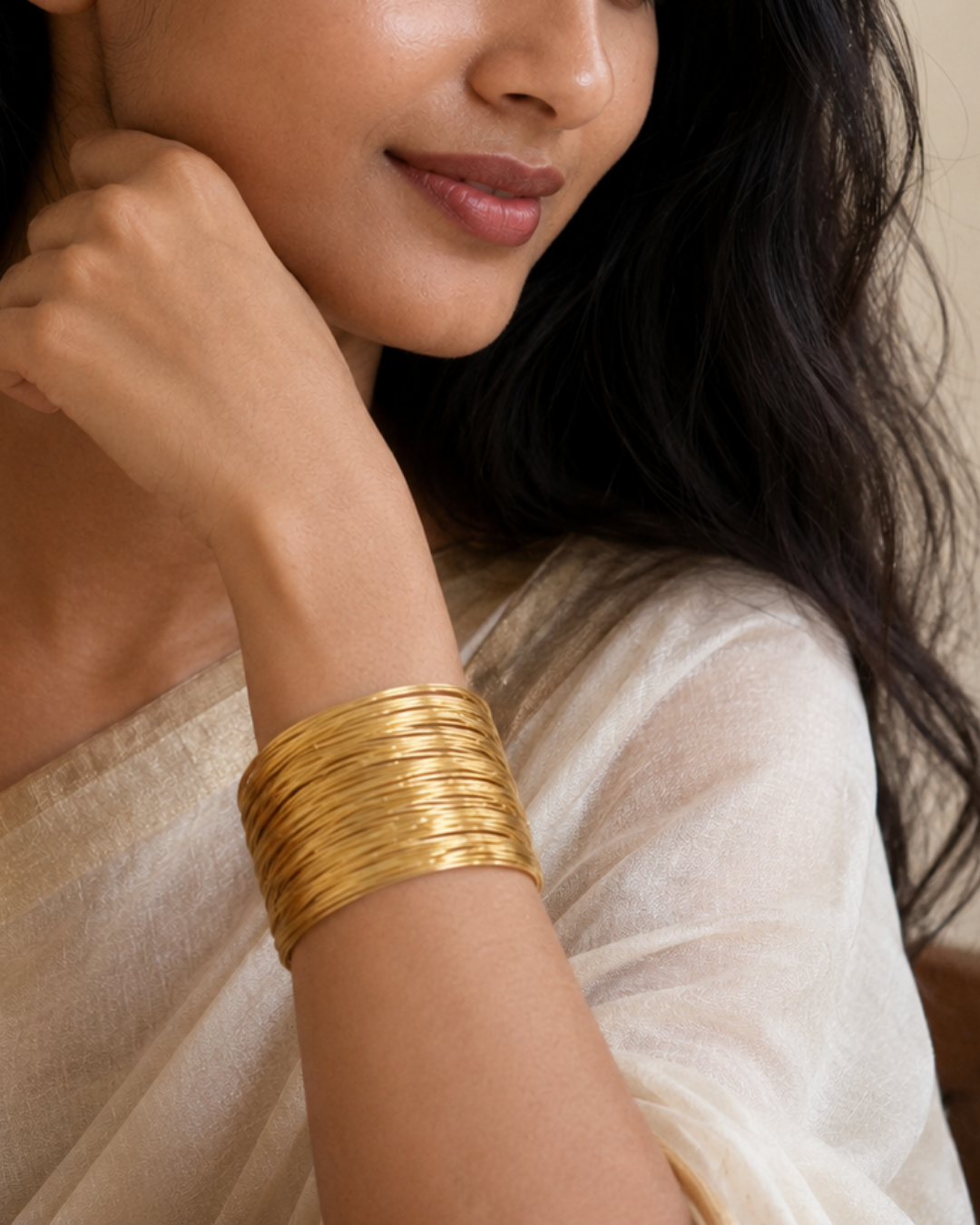 Gold Stainless Steel Coil Strand Open Cuff For Women