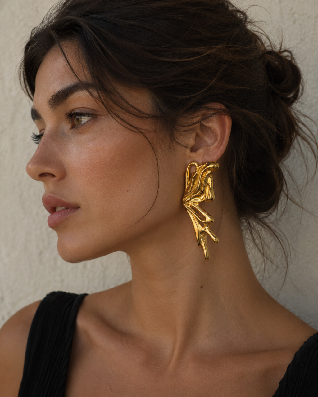 Gold Stainless Steel Sculpted Wing Earrings For Women