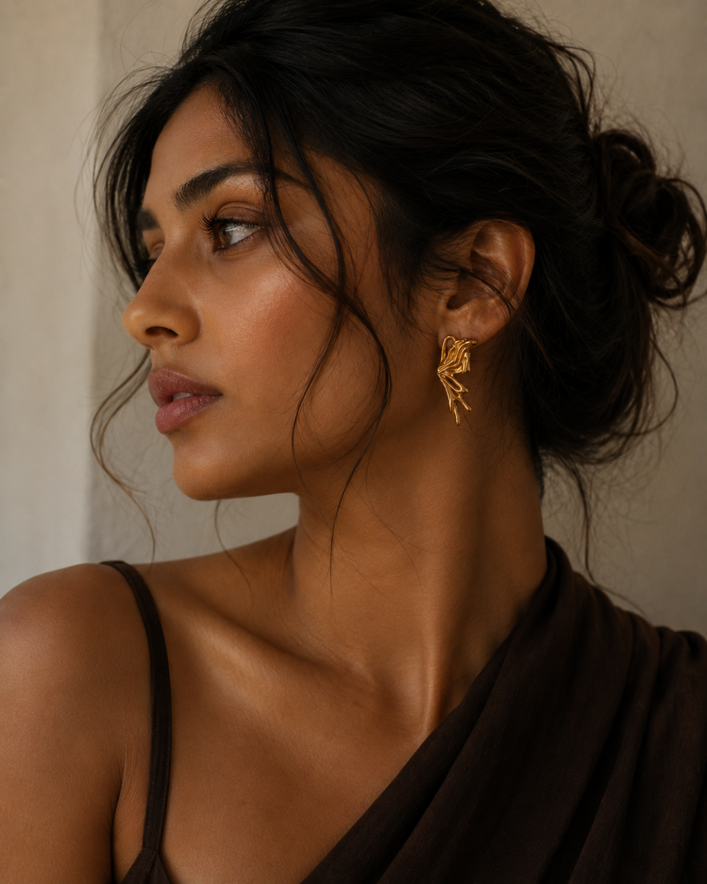 Gold Stainless Steel Sculpted Wing Earrings For Women