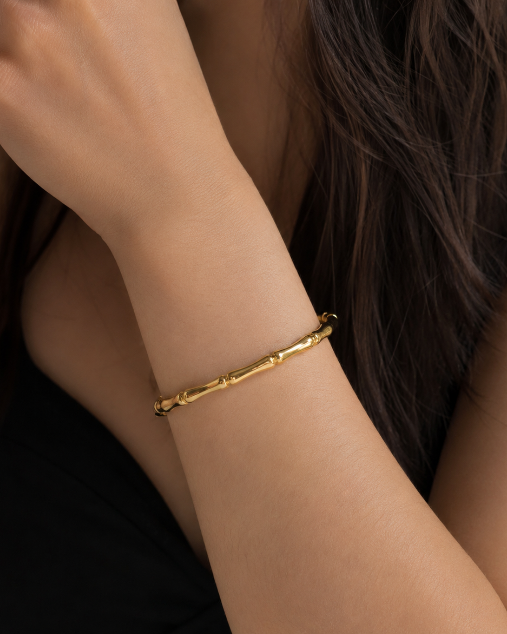 Gold Stainless Steel Articulated Bamboo Bracelet For Women