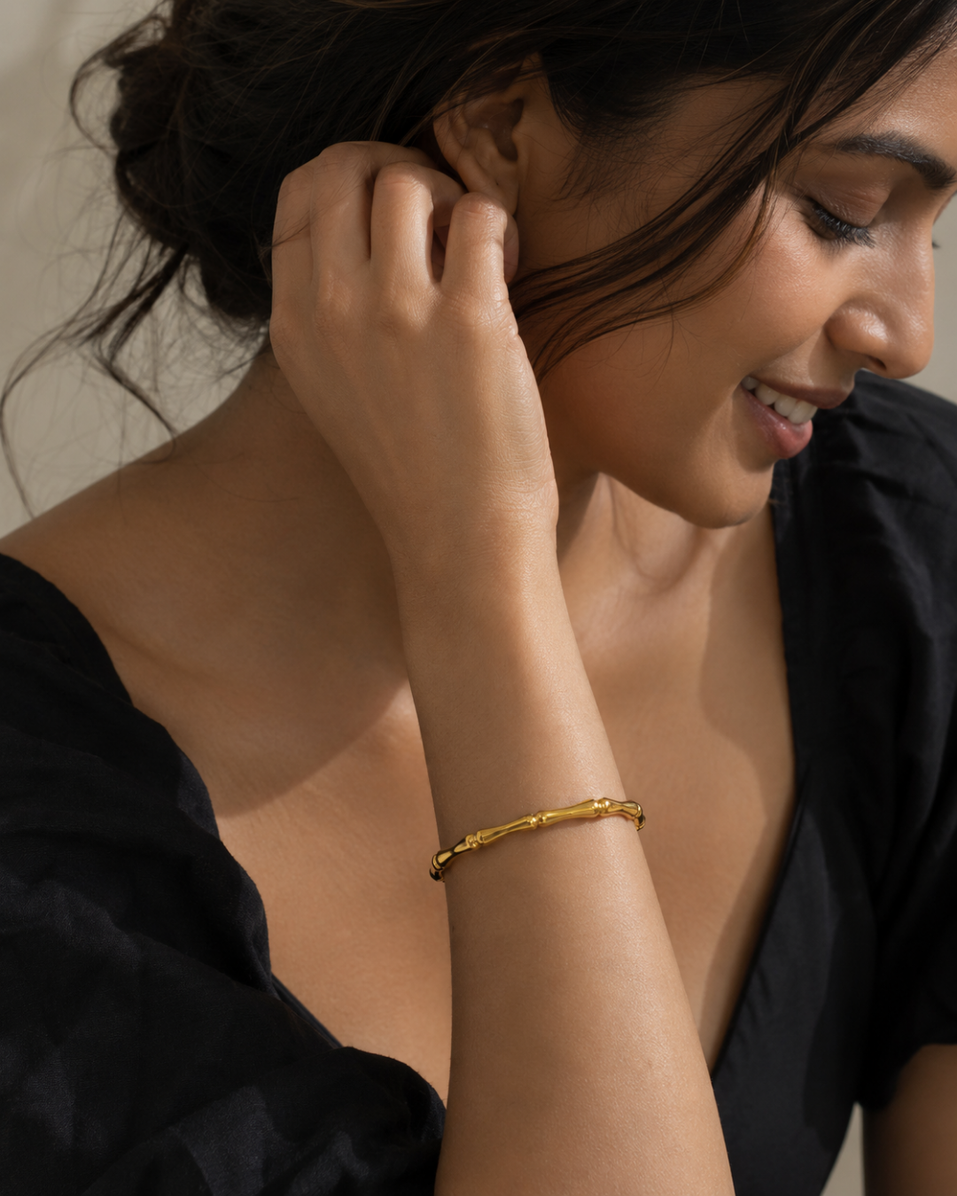 Gold Stainless Steel Articulated Bamboo Bracelet For Women