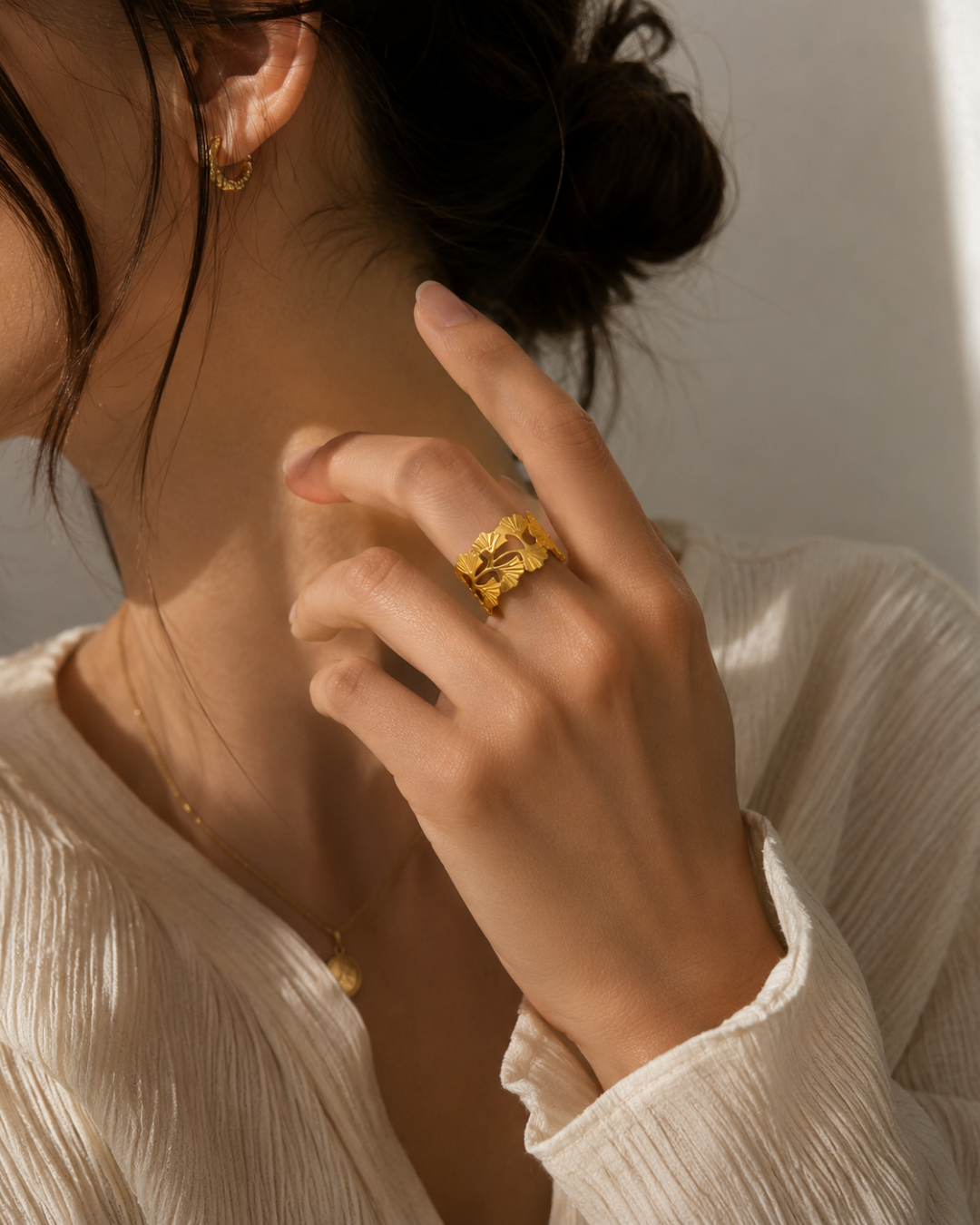 Gold 18K Plated Steel Botanical Relief Ring For Women
