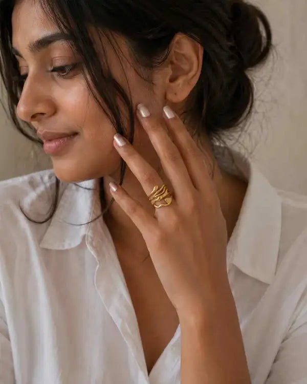 Gold Stainless Steel Overlapping Fold Ring For Women
