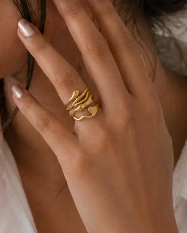Gold Stainless Steel Overlapping Fold Ring For Women