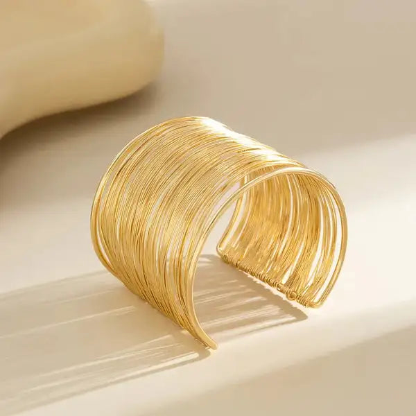 Gold Stainless Steel Coil Strand Open Cuff For Women