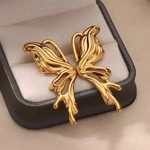 Gold Stainless Steel Sculpted Wing Earrings For Women