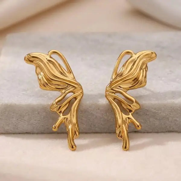 Gold Stainless Steel Sculpted Wing Earrings For Women