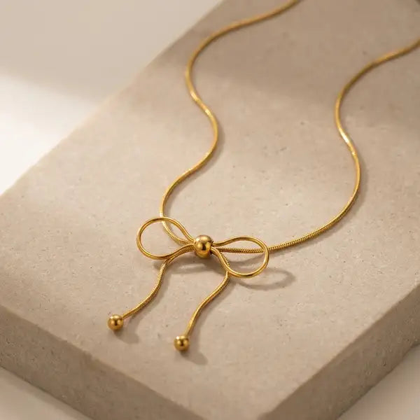Gold 18K Plated Steel Bow Knot Necklace For Women