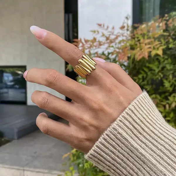 Gold Steel 18K Plated Geometric Open Ring For Women