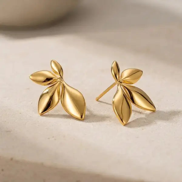 Gold Stainless Steel Leaf Motif Drop Earrings For Women