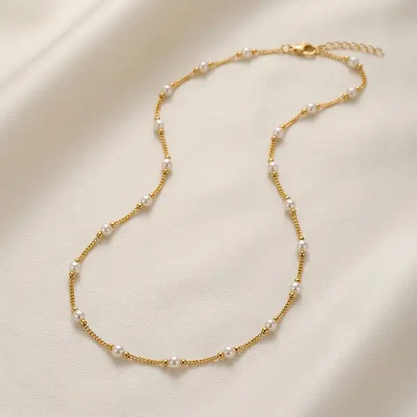 Gold 18K Plated Steel Pearl Strand Necklace For Women