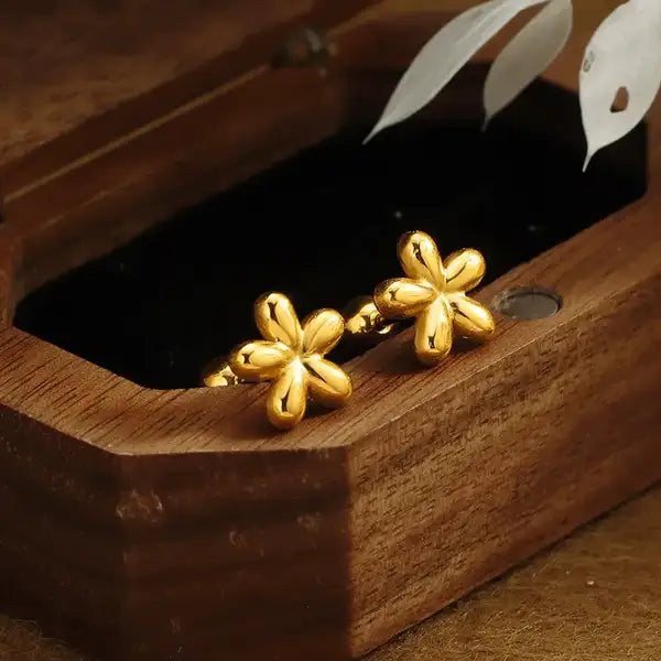 Gold Steel 18K Plated Petal Bloom Stud Earrings For Women