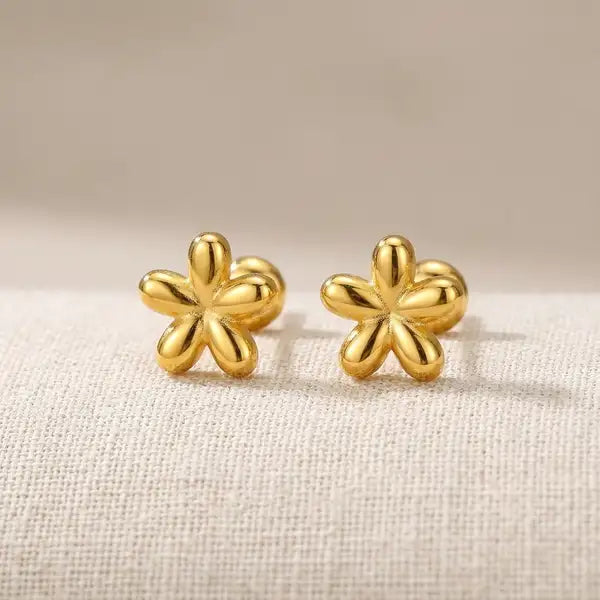 Gold Steel 18K Plated Petal Bloom Stud Earrings For Women