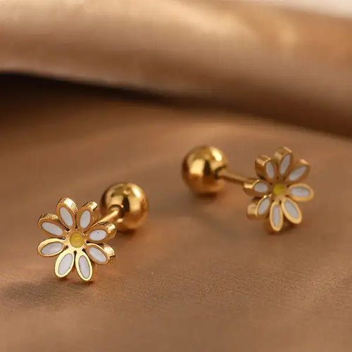 Gold 18K Plated Steel Floral Stud Earrings For Women