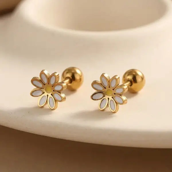 Gold 18K Plated Steel Floral Stud Earrings For Women