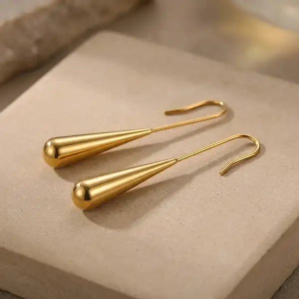Gold Stainless Steel Tapered Ripple Drop Earrings For Women