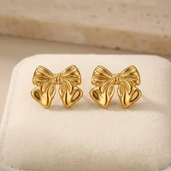 Gold Steel 18K Plated Serene Bow Earrings For Women