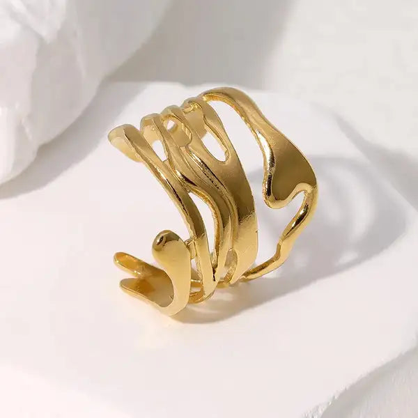 Gold Stainless Steel Overlapping Fold Ring For Women