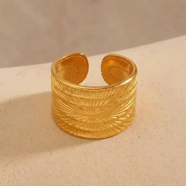 Gold Stainless Steel Engraved Wide Ring For Women