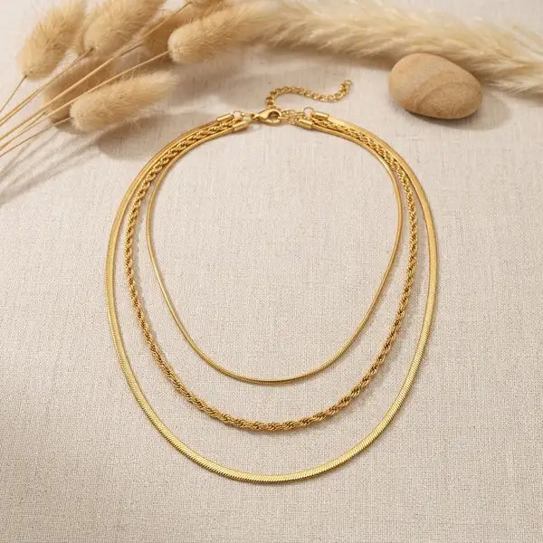 Gold 18K Plated Steel Triple Layer Chain Necklace For Women