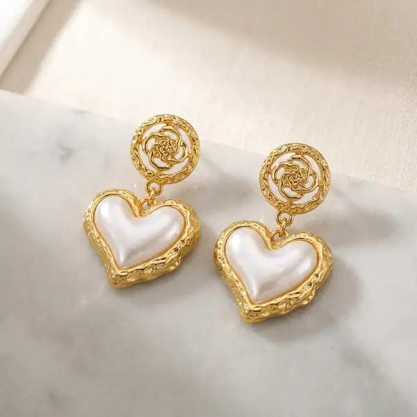Gold Stainless Steel Vintage Heart Pearl Drop Earrings For Women